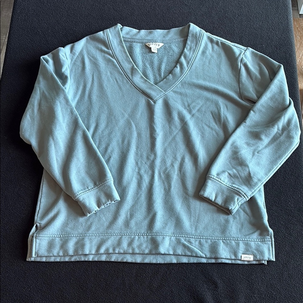 Orvis Blue Gray V-Neck Pullover Soft Cozy GUC Medium